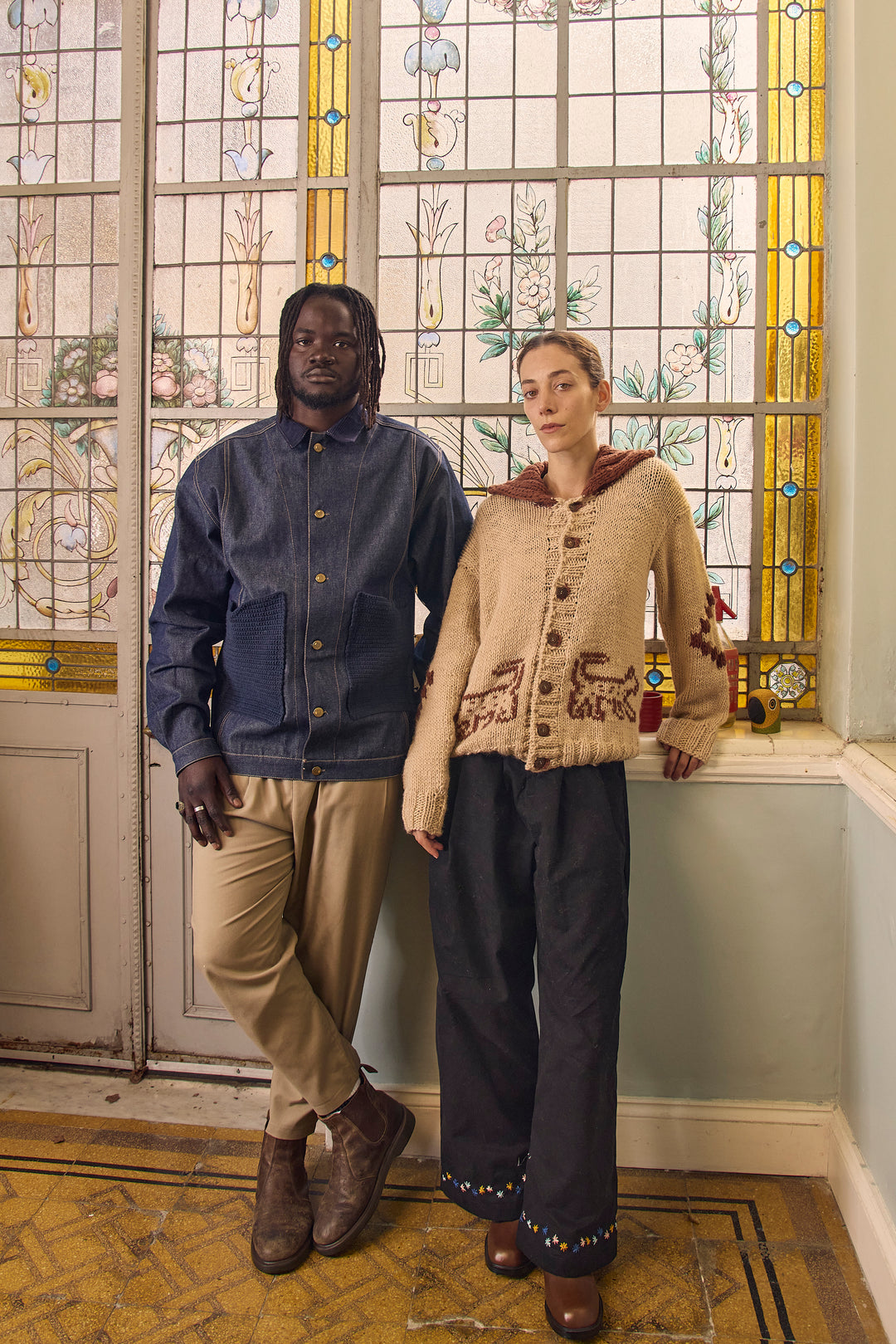 Hand-Embroidered Double-Pleated Flower Trousers