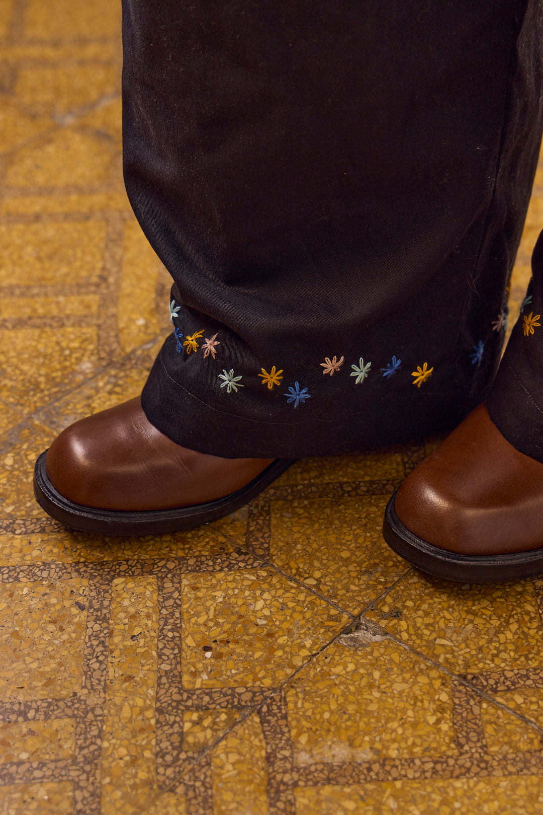 Hand-Embroidered Double-Pleated Flower Trousers
