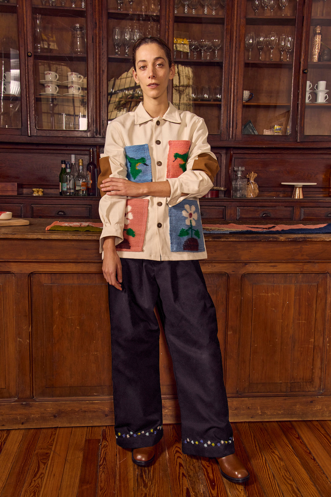 Hand-Embroidered Double-Pleated Flower Trousers