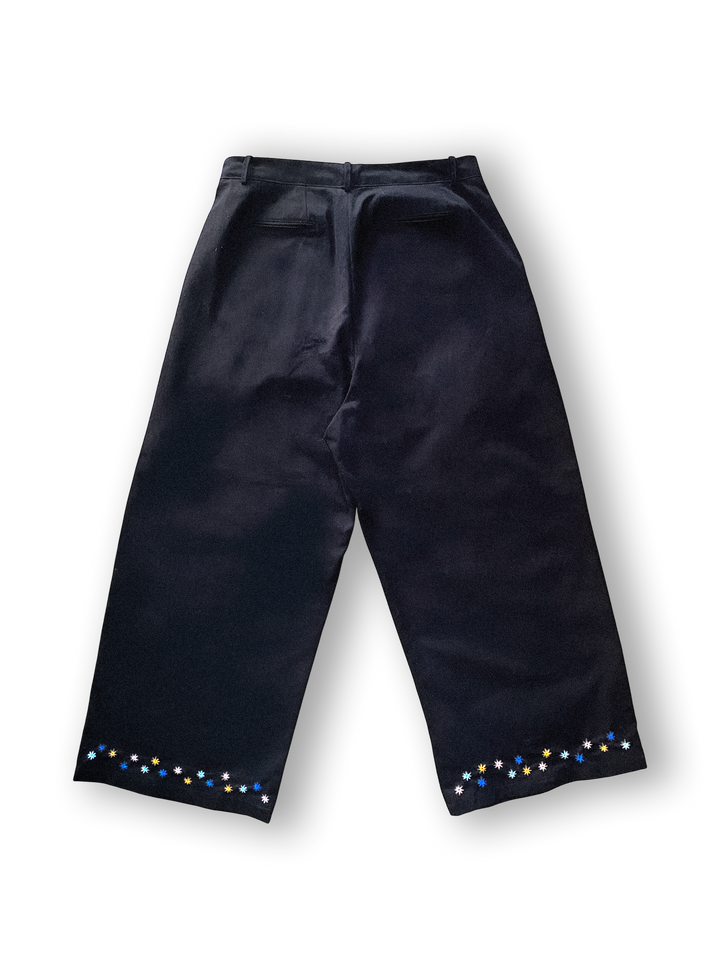 Hand-Embroidered Double-Pleated Flower Trousers