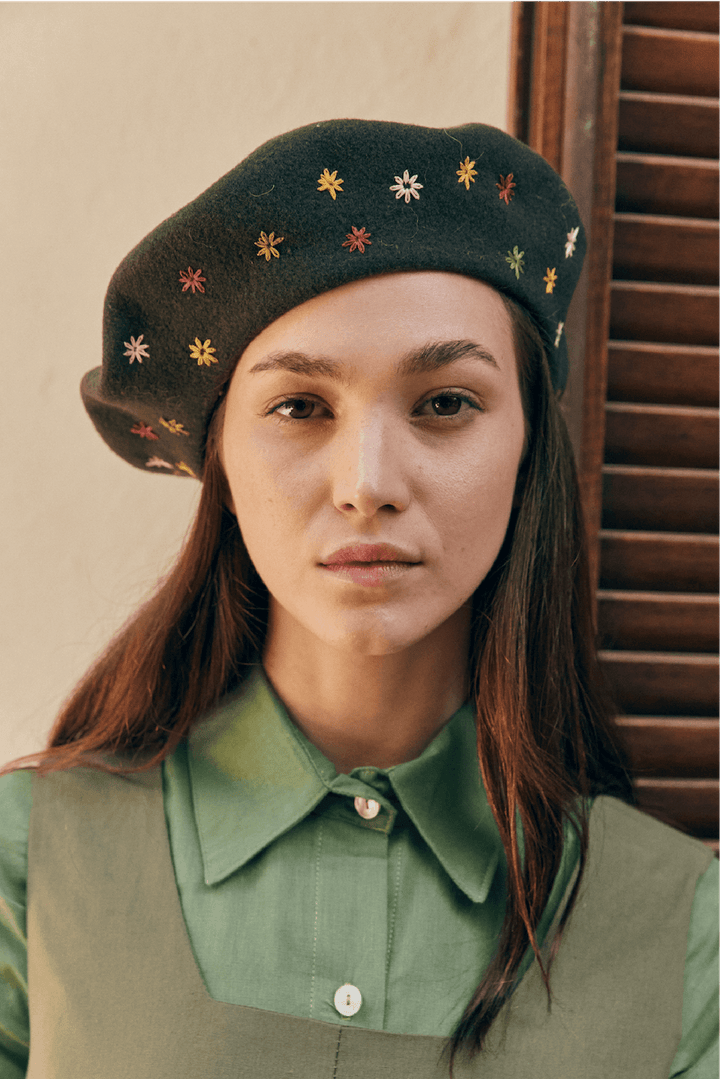 Embroidered Beret in Forest Green