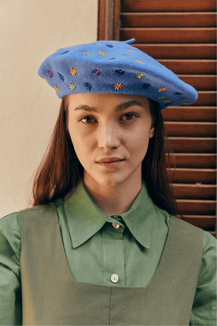 Embroidered Beret in Electric Blue