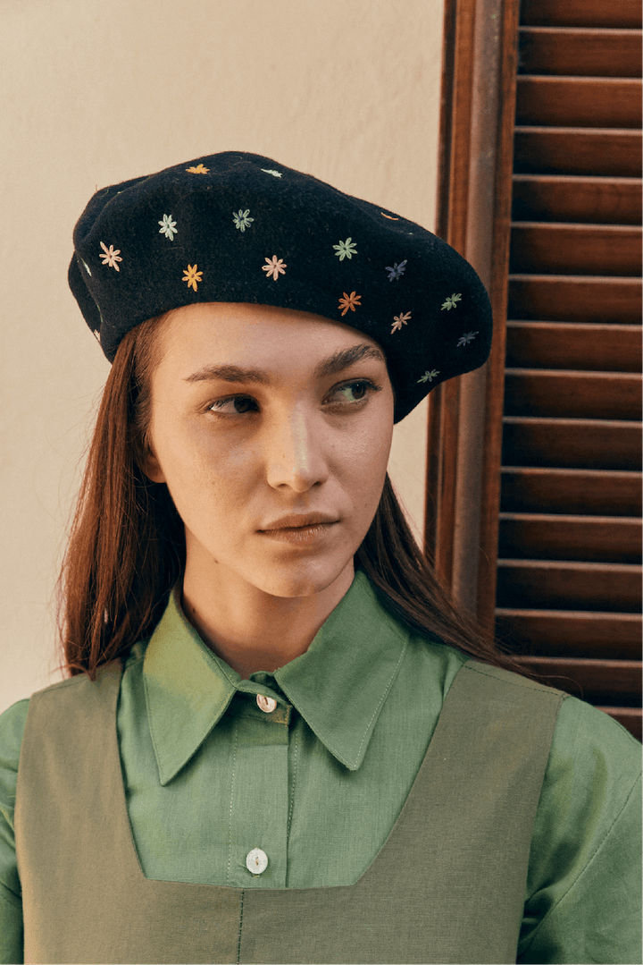 Embroidered Beret in Black