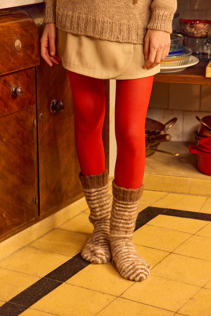 Brown and White Hand-Knitted Wool Socks