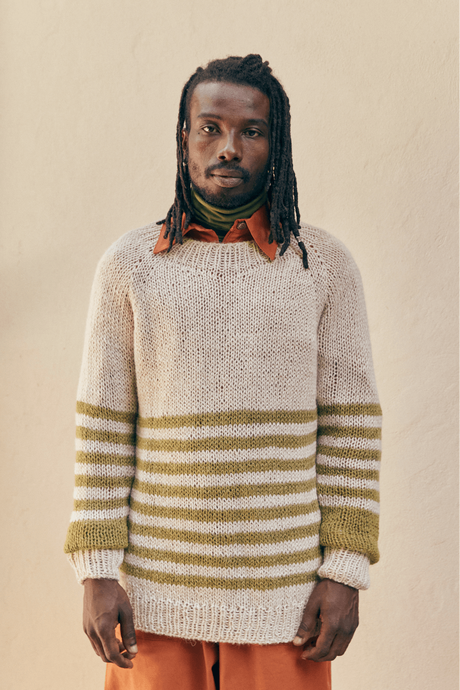 White and Green Hand-Knitted Llama Sweater