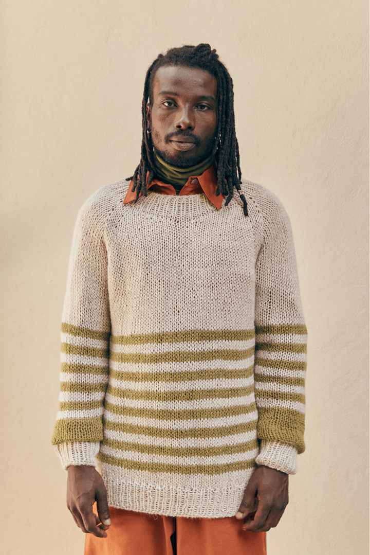 White and Green Hand-Knitted Llama Sweater