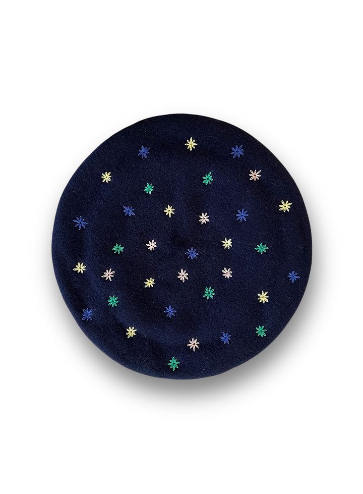 Embroidered Beret in Navy