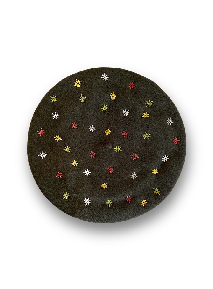 Embroidered Beret in Forest Green