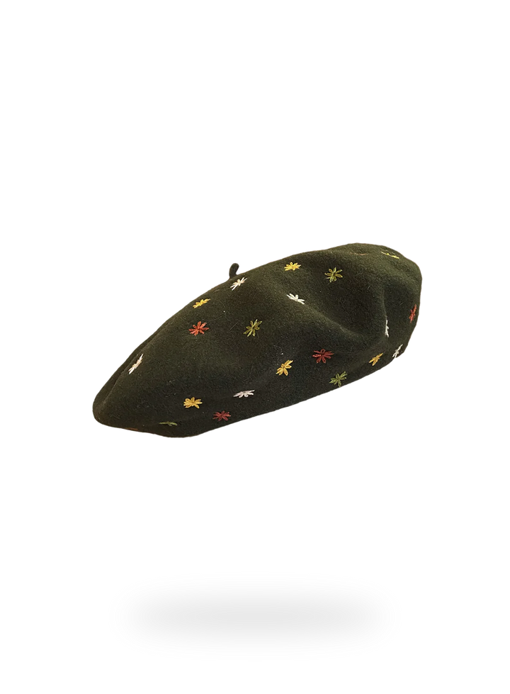 Embroidered Beret in Forest Green