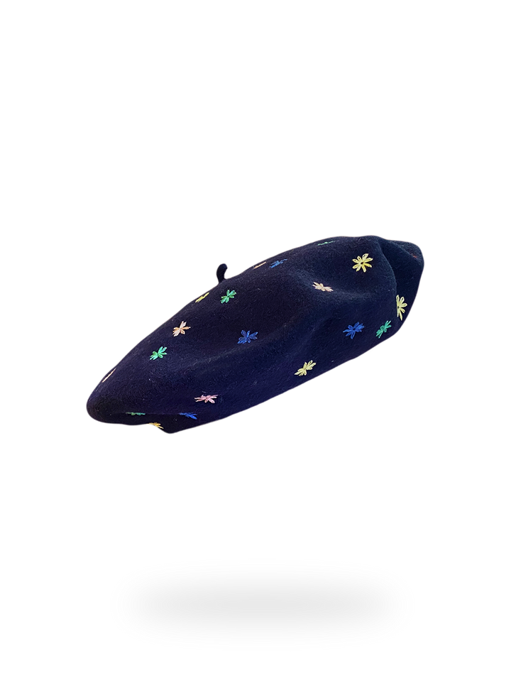 Embroidered Beret in Navy