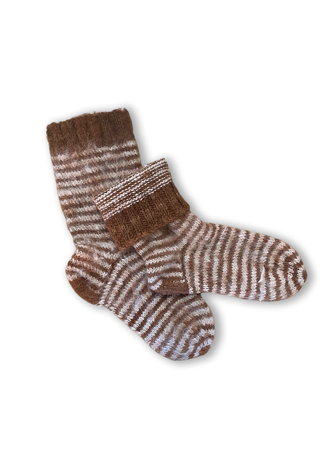 Brown and White Hand-Knitted Wool Socks