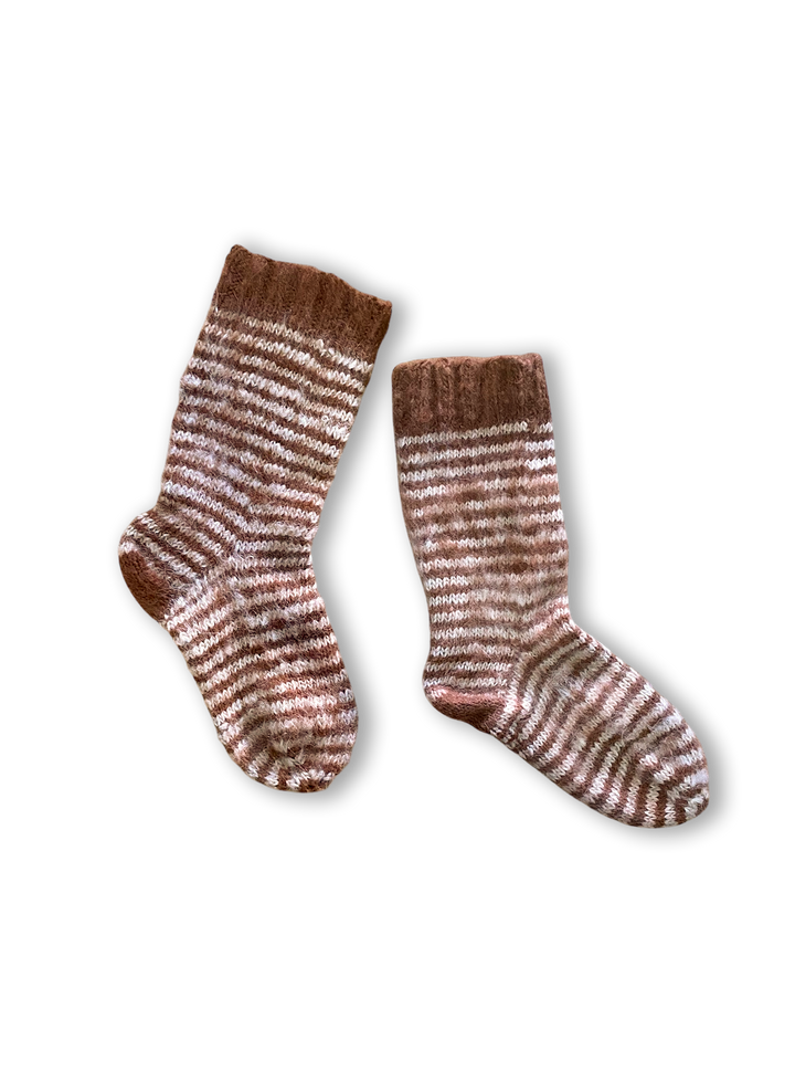 Brown and White Hand-Knitted Wool Socks