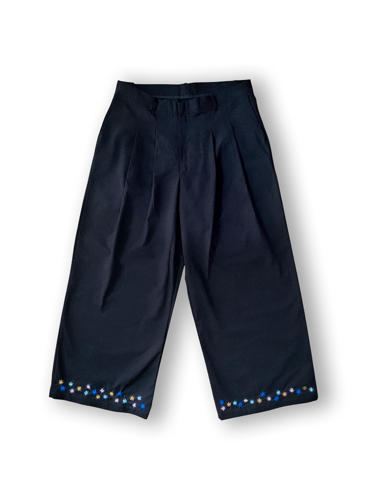 Hand-Embroidered Double-Pleated Flower Trousers