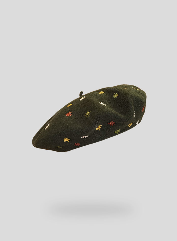 Embroidered Beret in Forest Green